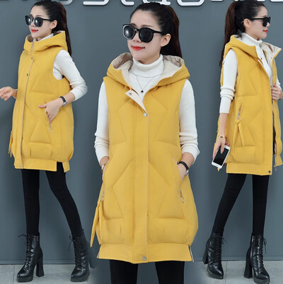 Női téli ujjatlan pamut párnázott kapucnis mellény, hosszú mellény, melegen lefelé pamut kabát női felsőruházat női, új Parkas oversize mellény