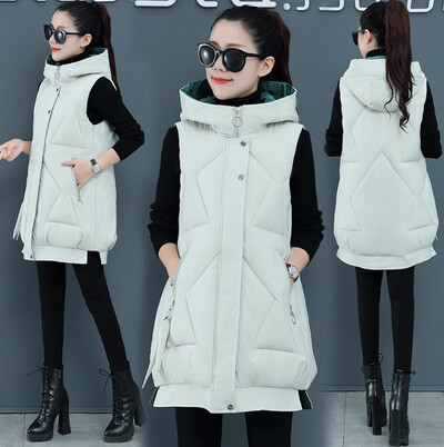 Női téli ujjatlan pamut párnázott kapucnis mellény, hosszú mellény, melegen lefelé pamut kabát női felsőruházat női, új Parkas oversize mellény
