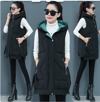 Női téli ujjatlan pamut párnázott kapucnis mellény, hosszú mellény, melegen lefelé pamut kabát női felsőruházat női, új Parkas oversize mellény