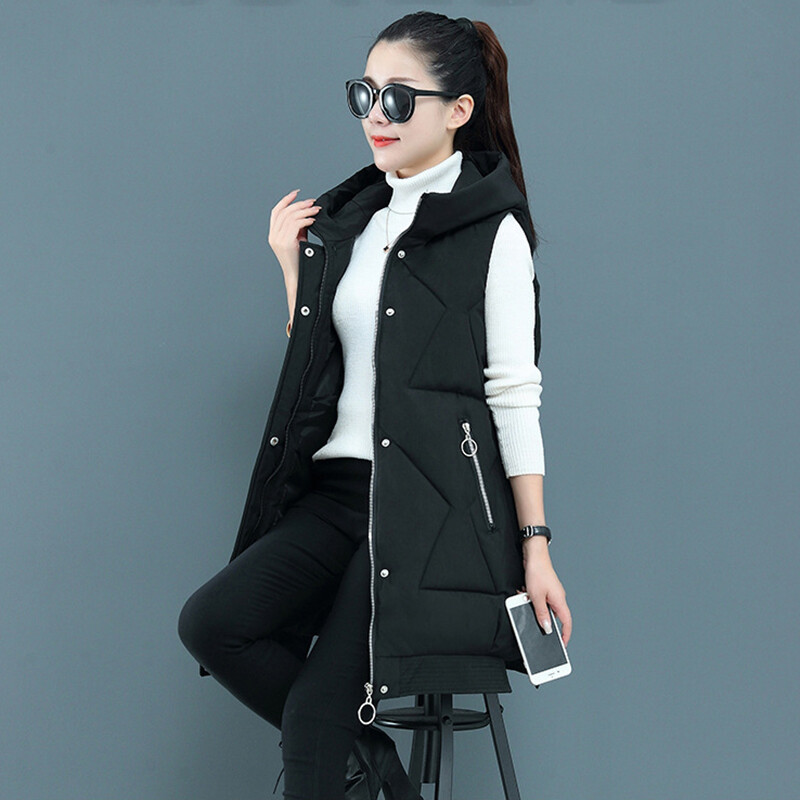 Női téli ujjatlan pamut párnázott kapucnis mellény, hosszú mellény, melegen lefelé pamut kabát női felsőruházat női, új Parkas oversize mellény