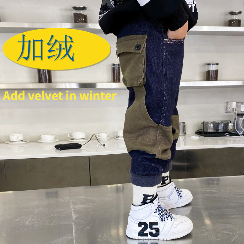 Jaunas rudens un ziemas zēnu bikses 3-5-8-12T 2022 jauns brīvs bērnu kombinezons un samta polsterēti džinsi