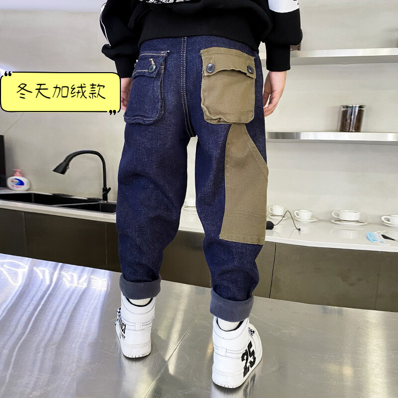 Jaunas rudens un ziemas zēnu bikses 3-5-8-12T 2022 jauns brīvs bērnu kombinezons un samta polsterēti džinsi