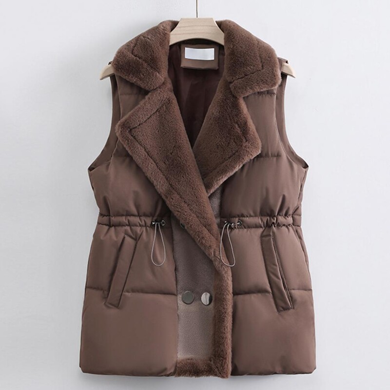 Könnyű női mellény Stílusos női téli mellény plüss béléssel, húzózsinóros derékkal, ujjatlan kültéri kabát hidegre