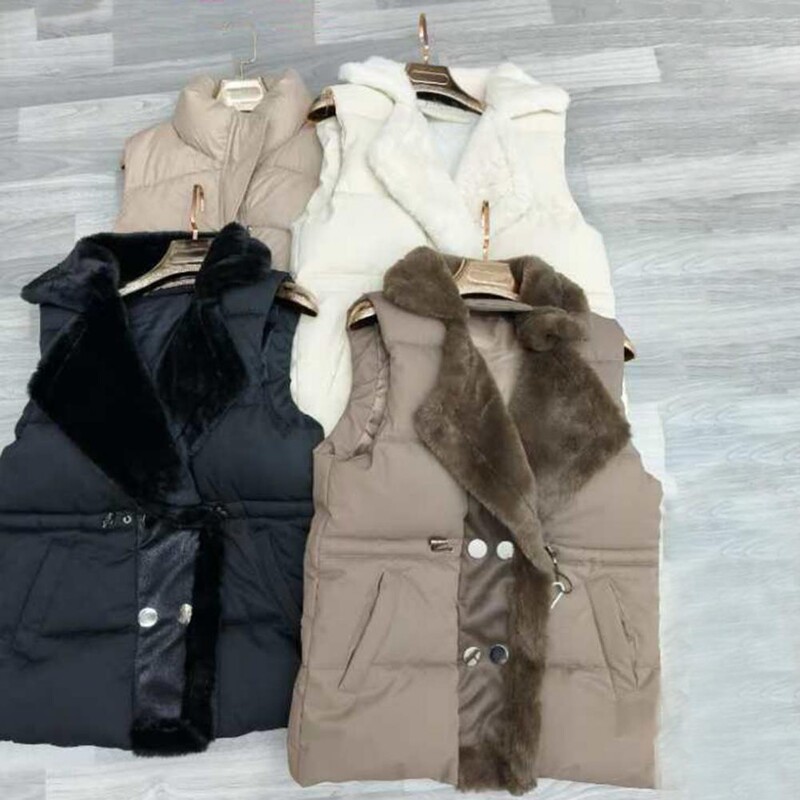 Könnyű női mellény Stílusos női téli mellény plüss béléssel, húzózsinóros derékkal, ujjatlan kültéri kabát hidegre
