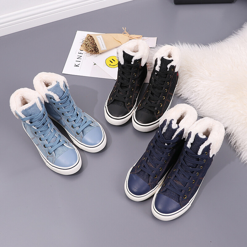 Női téli cipők farmervászon magas felső szőrmével bélelt női meleg alkalmi cipők farmer tornacipők kiváló minőségű sötétkék 35-40