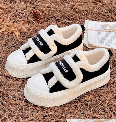 Kailinė platforma Moteriški sportbačiai Drobiniai plokščiapadžiai medvilniniai batai trumpi pliušiniai laisvalaikio batai, 2024 m. žiemos tendencija, vaikščiojimas, jaukus mujer zapatillas