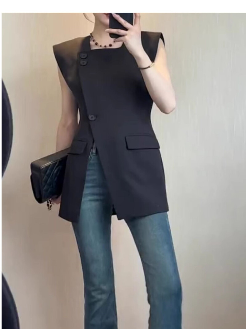 Francia 2024-es fekete öltöny mellény, nyári meleg stílus Fiatal, ingázó design, osztott ujjatlan, roupas női felsők