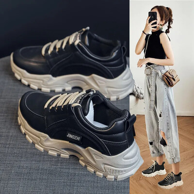 Sieviešu ādas plakanie apavi Pavasara jauna mode Ikdienišķa bieza zole ar palielinātu neslīdēšanu āra sporta apavi sievietēm