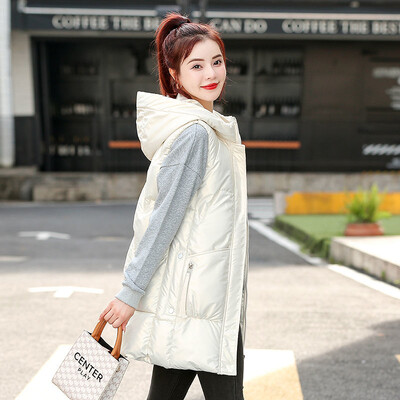 2023-as új téli, meleg, fényes pehelypamut mellény dzseki, női koreai ujjatlan parka mellény, kapucnis középhosszú mellény dzseki