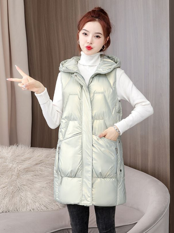 2023-as új téli, meleg, fényes pehelypamut mellény dzseki, női koreai ujjatlan parka mellény, kapucnis középhosszú mellény dzseki