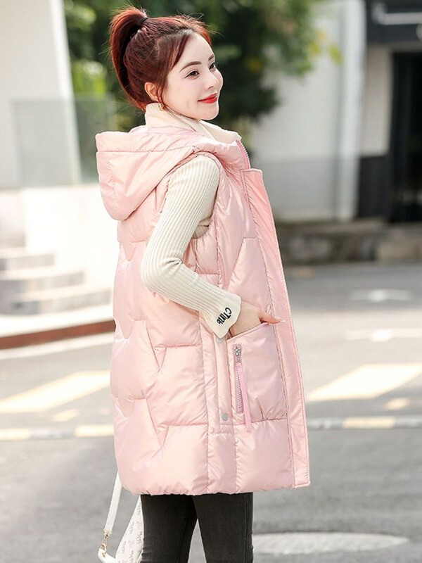 2023-as új téli, meleg, fényes pehelypamut mellény dzseki, női koreai ujjatlan parka mellény, kapucnis középhosszú mellény dzseki