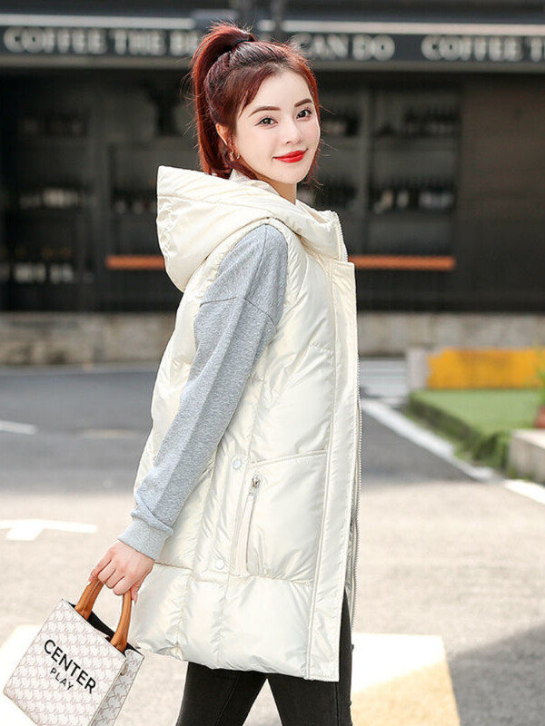 2023-as új téli, meleg, fényes pehelypamut mellény dzseki, női koreai ujjatlan parka mellény, kapucnis középhosszú mellény dzseki