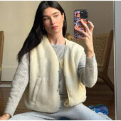 Vestă ocazională din lână de miel pentru femei, la modă, cu decolteu în V, cu un singur piept, fără mâneci, vestă pentru femei, toamnă, îmbrăcăminte nouă pentru doamne leneșe