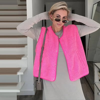 Vestă ocazională din lână de miel pentru femei, la modă, cu decolteu în V, cu un singur piept, fără mâneci, vestă pentru femei, toamnă, îmbrăcăminte nouă pentru doamne leneșe