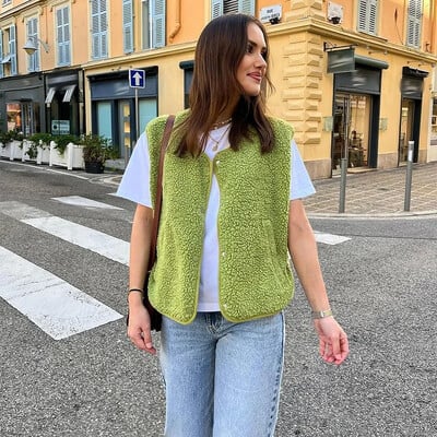 Vestă ocazională din lână de miel pentru femei, la modă, cu decolteu în V, cu un singur piept, fără mâneci, vestă pentru femei, toamnă, îmbrăcăminte nouă pentru doamne leneșe