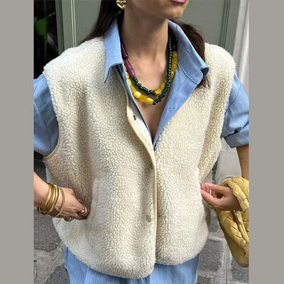 Vestă ocazională din lână de miel pentru femei, la modă, cu decolteu în V, cu un singur piept, fără mâneci, vestă pentru femei, toamnă, îmbrăcăminte nouă pentru doamne leneșe