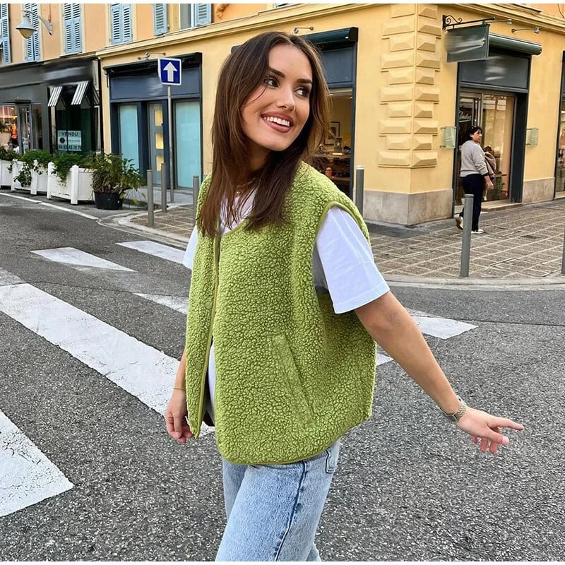 Vestă ocazională din lână de miel pentru femei, la modă, cu decolteu în V, cu un singur piept, fără mâneci, vestă pentru femei, toamnă, îmbrăcăminte nouă pentru doamne leneșe