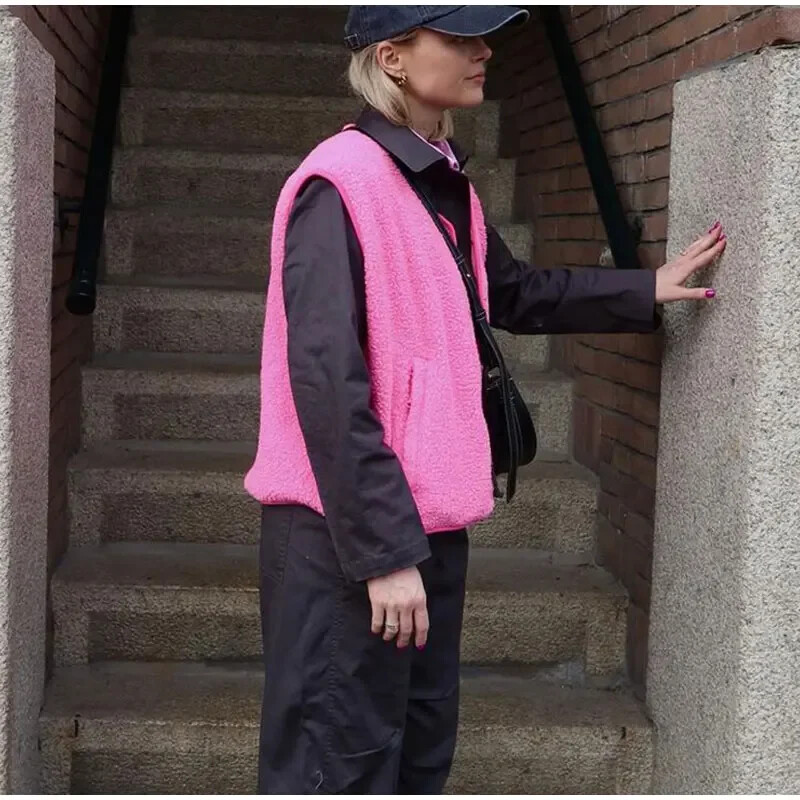 Vestă ocazională din lână de miel pentru femei, la modă, cu decolteu în V, cu un singur piept, fără mâneci, vestă pentru femei, toamnă, îmbrăcăminte nouă pentru doamne leneșe