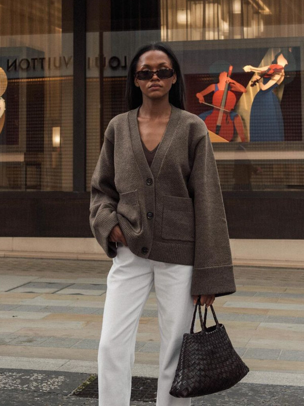 Sieviešu modes, vienrindas trikotāžas jaka Elegants V kakla izgriezuma džemperis ar garām piedurknēm Rudens šiks dāmu ielas apģērbs