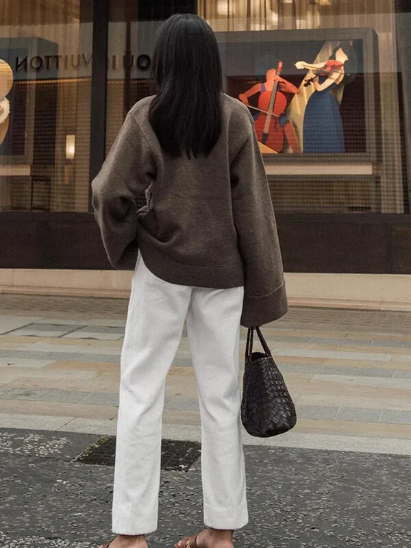 Sieviešu modes, vienrindas trikotāžas jaka Elegants V kakla izgriezuma džemperis ar garām piedurknēm Rudens šiks dāmu ielas apģērbs