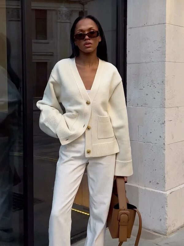 Sieviešu modes, vienrindas trikotāžas jaka Elegants V kakla izgriezuma džemperis ar garām piedurknēm Rudens šiks dāmu ielas apģērbs