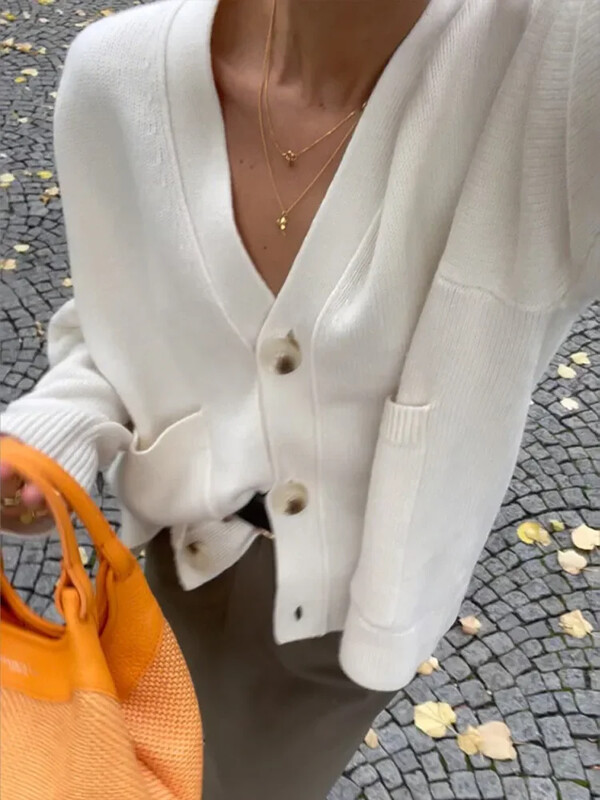 Sieviešu modes, vienrindas trikotāžas jaka Elegants V kakla izgriezuma džemperis ar garām piedurknēm Rudens šiks dāmu ielas apģērbs