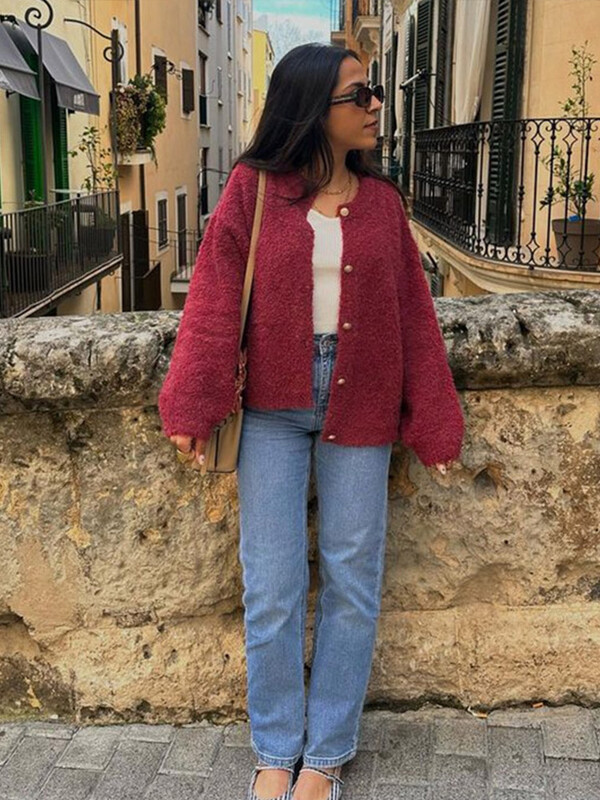 Tömör kötött női kardigán, kerek nyakú, hosszú ujjú, egysoros női pulóver, 2024-es őszi, téli, alkalmi laza kötöttáru, női