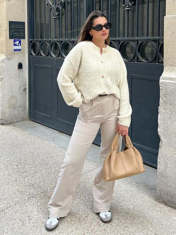 Tömör kötött női kardigán, kerek nyakú, hosszú ujjú, egysoros női pulóver, 2024-es őszi, téli, alkalmi laza kötöttáru, női