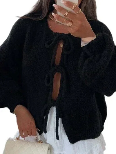 Korėjietiškas suvarstomas megztas megztinis 2024 m. rudens žiemai Naujas vientisos spalvos megztinis moteriškas megztinis