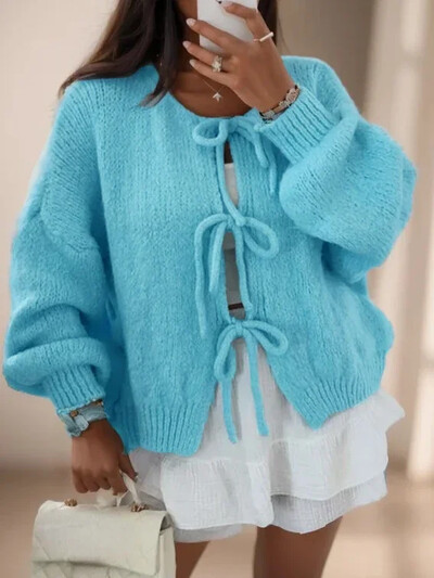 Korėjietiškas suvarstomas megztas megztinis 2024 m. rudens žiemai Naujas vientisos spalvos megztinis moteriškas megztinis