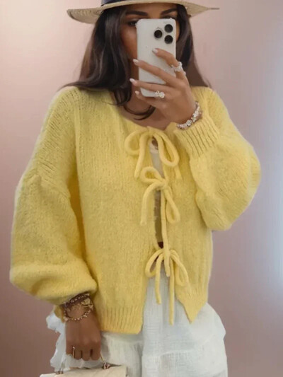 Korėjietiškas suvarstomas megztas megztinis 2024 m. rudens žiemai Naujas vientisos spalvos megztinis moteriškas megztinis