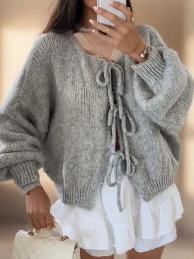 Korėjietiškas suvarstomas megztas megztinis 2024 m. rudens žiemai Naujas vientisos spalvos megztinis moteriškas megztinis