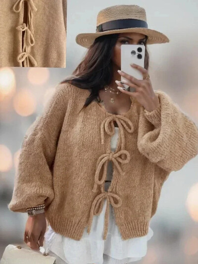 Korėjietiškas suvarstomas megztas megztinis 2024 m. rudens žiemai Naujas vientisos spalvos megztinis moteriškas megztinis