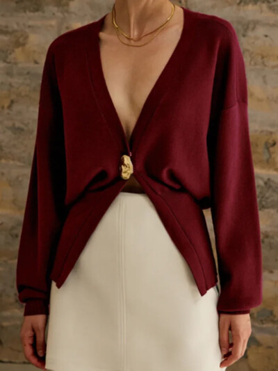 Rudens moteriškas elegantiškas vienos sagos megztinis megztinis 2024 m. madingi V formos iškirptės ilgomis rankovėmis ploni megztiniai moteriški Prašmatnus solidus gatvės trikotažas