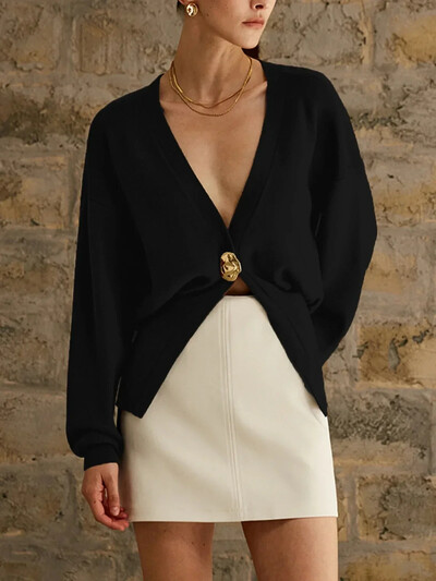 Rudens moteriškas elegantiškas vienos sagos megztinis megztinis 2024 m. madingi V formos iškirptės ilgomis rankovėmis ploni megztiniai moteriški Prašmatnus solidus gatvės trikotažas