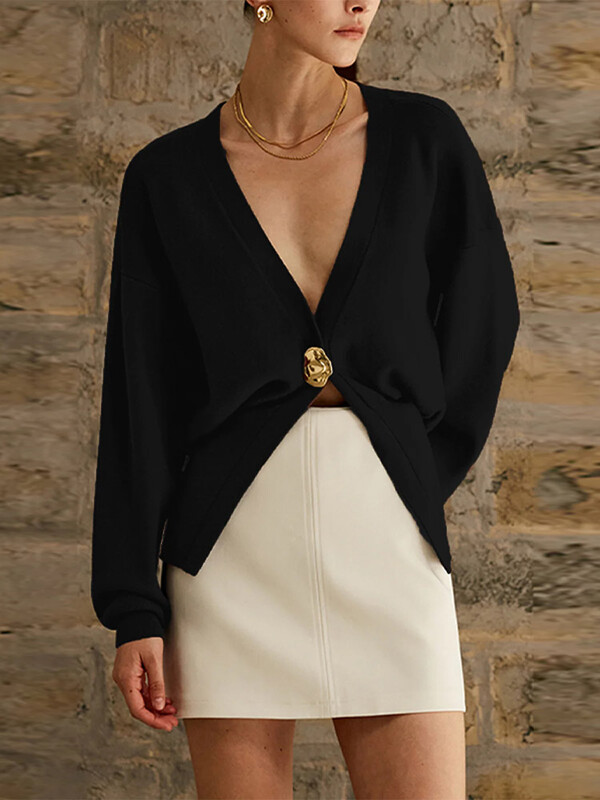 Rudens moteriškas elegantiškas vienos sagos megztinis megztinis 2024 m. madingi V formos iškirptės ilgomis rankovėmis ploni megztiniai moteriški Prašmatnus solidus gatvės trikotažas