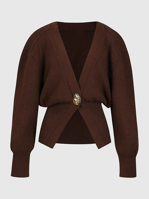 Rudens moteriškas elegantiškas vienos sagos megztinis megztinis 2024 m. madingi V formos iškirptės ilgomis rankovėmis ploni megztiniai moteriški Prašmatnus solidus gatvės trikotažas