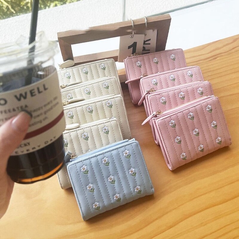 PU bőr rövid pénztárca új mini cipzáras pénzes táska egyszínű virágos kártyatartók lány