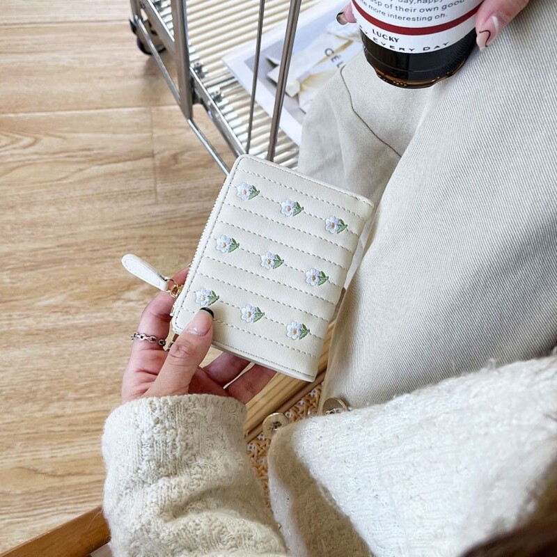 PU bőr rövid pénztárca új mini cipzáras pénzes táska egyszínű virágos kártyatartók lány