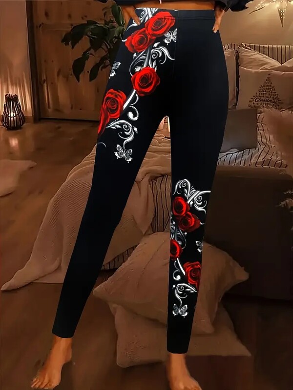 Tavaszi/nyári virágmintás női karcsúsított, csípőemelő sztreccs kényelmes, alkalmi leggings