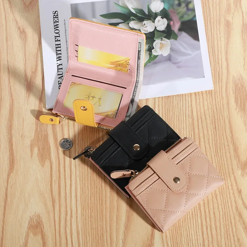 Portofele pentru femei, din piele PU, pentru femei, mini suport pentru carduri multiple, portofele scurte, subțire, mic, fermoar, carteras pentru femei