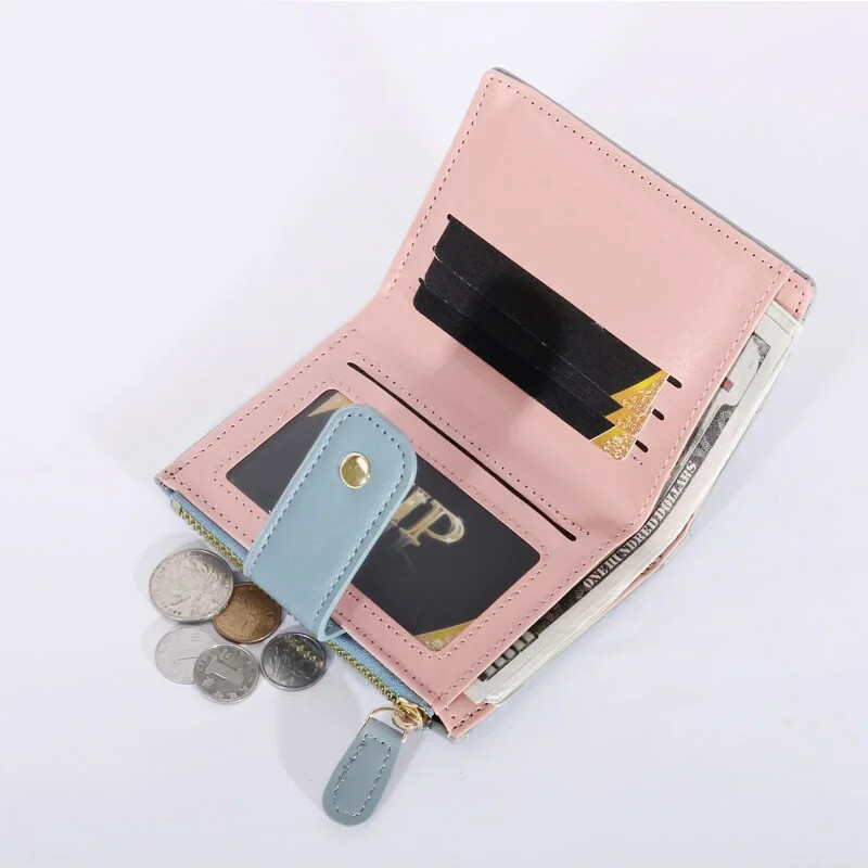 Portofele pentru femei, din piele PU, pentru femei, mini suport pentru carduri multiple, portofele scurte, subțire, mic, fermoar, carteras pentru femei