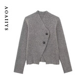Aoaiiys pilkas megztas megztinis moterims megztiniai V formos iškirpte Asimetriški ilgomis rankovėmis Elegantiški moteriški megztiniai Nauji madingi megztiniai