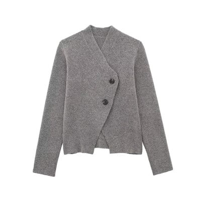 Aoaiiys pilkas megztas megztinis moterims megztiniai V formos iškirpte Asimetriški ilgomis rankovėmis Elegantiški moteriški megztiniai Nauji madingi megztiniai