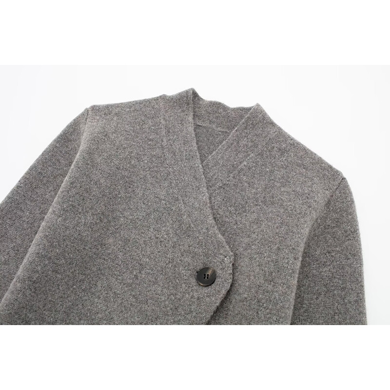 Aoaiiys pilkas megztas megztinis moterims megztiniai V formos iškirpte Asimetriški ilgomis rankovėmis Elegantiški moteriški megztiniai Nauji madingi megztiniai