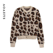 Aoaiiys kötőkardigán női pulóverek Leopárd egysoros O-nyakú hosszú ujjú őszi téli meleg új divatos kardigánok