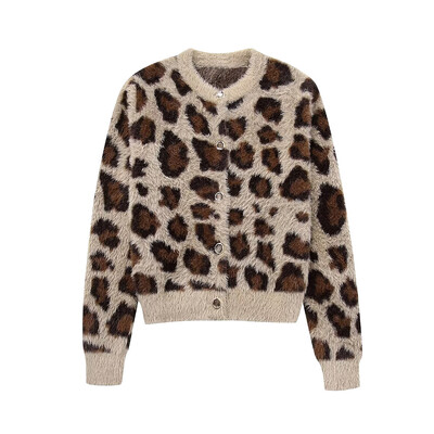 Aoaiiys kötőkardigán női pulóverek Leopárd egysoros O-nyakú hosszú ujjú őszi téli meleg új divatos kardigánok