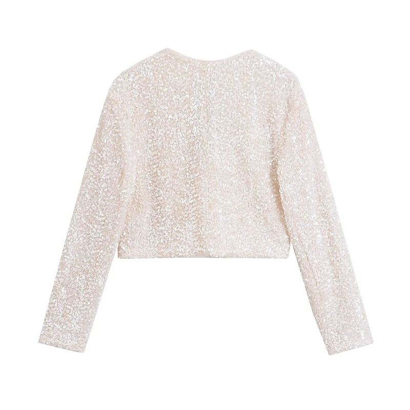 „Aoaiiys“ balta striukė, skirta moteriškiems paltams, blizgučiais „O-kakliu“ su raišteliais ilgomis rankovėmis apkarpyta striuke, 2024 m. Naujos mados elegantiški viršutiniai drabužiai