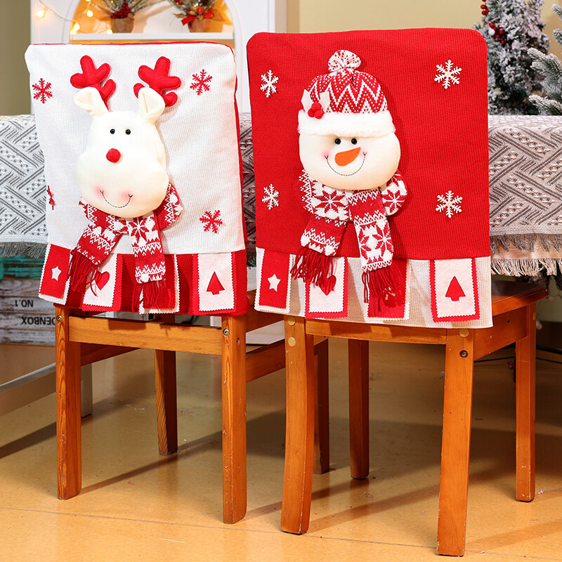Huse de spate pentru scaune de Crăciun Huse pentru scaune de Moș Crăciun cu modele 3D Husă de spate pentru scaune de in pentru decorațiuni de cină de Crăciun