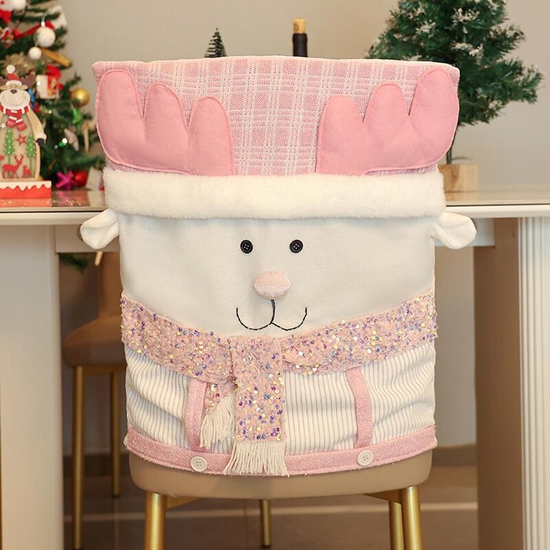 Husă pentru scaun de Crăciun Om de zăpadă Moș Crăciun Husă pentru scaun cu ren Husă pentru scaun cu paiete roz de Crăciun Decor pentru petrecere de bucătărie